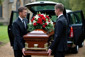 Funeral Directors Carry a Coffin Adorned with Red Roses and Lilies from a Hearse