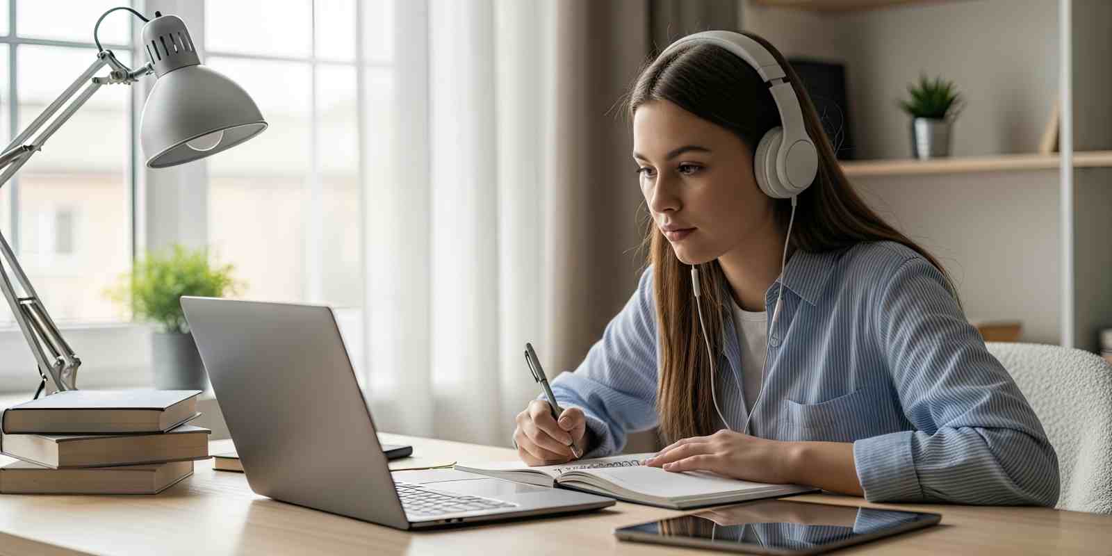 Mortuary Science Student Studying Online with Laptop and Headphones at Home