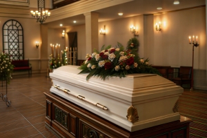 Elegant White Coffin with Floral Arrangements in a Funeral Home