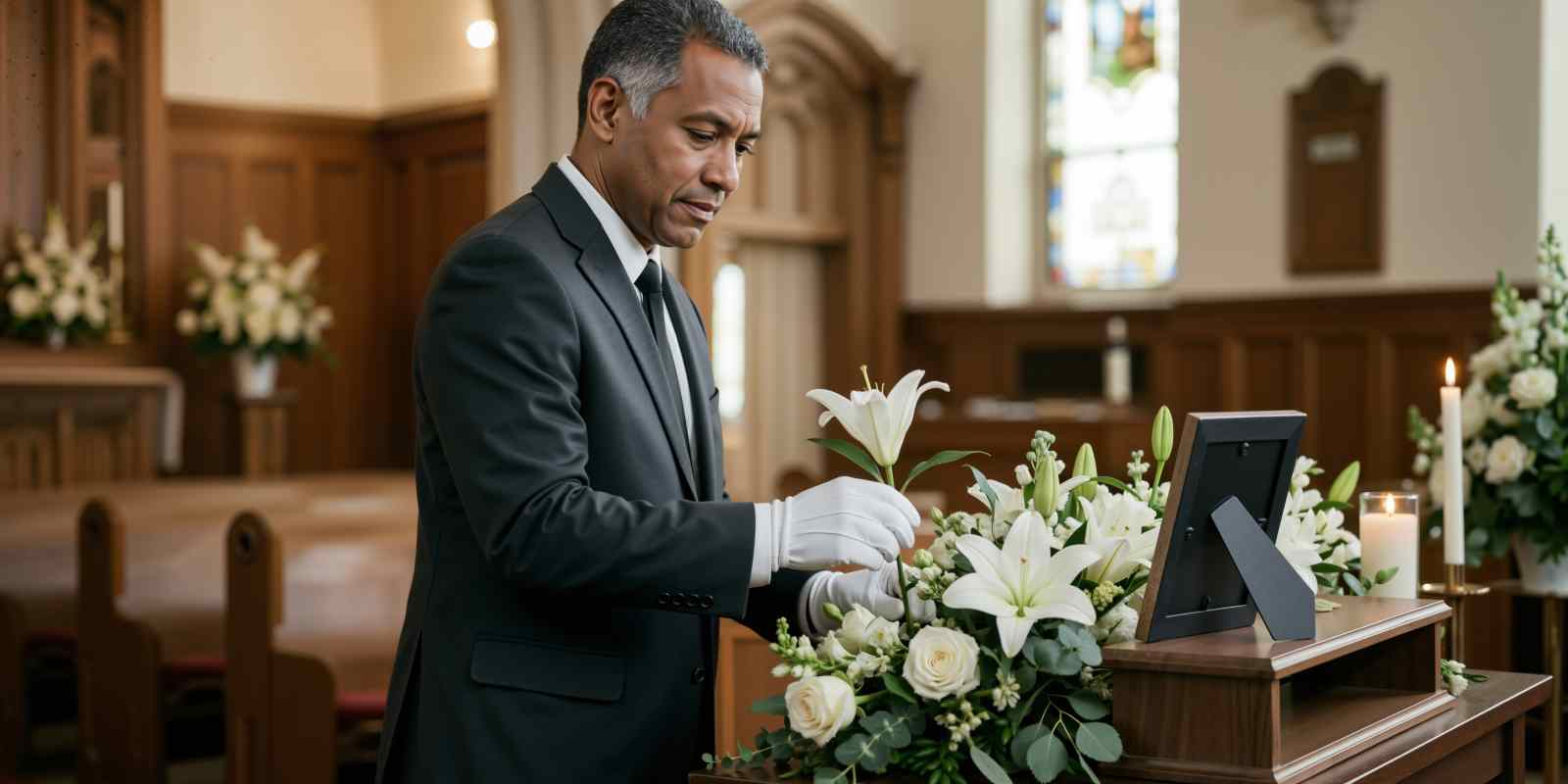 Funeral Director Arranging White Lilies at a Memorial Display at Funeral Home