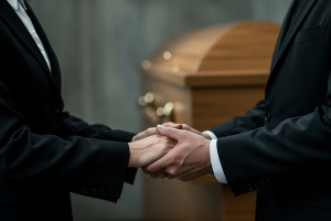 Funeral Director Holding Hand of Family Member of Deceased for Support
