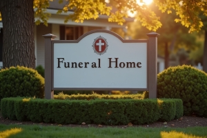 Funeral Home Entrance Sign at Street Corner