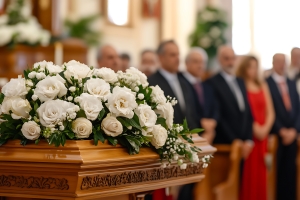 Professional Funeral Workers Prepared Wooden Casket with White Flowers