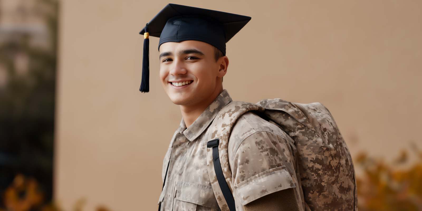 Smiling Veteran Wearing Graduation Cap in College Campus