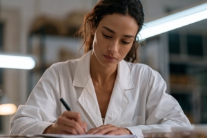 Veteran Mortuary Science Student Making Notes in Lab