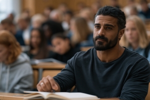Veteran Sitting in a Crowded University Lecture Hall for Mortuary Science Degree
