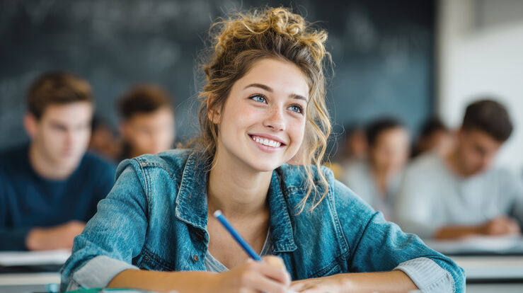 captivating image of a happy college student, writing notes in a lecture hall