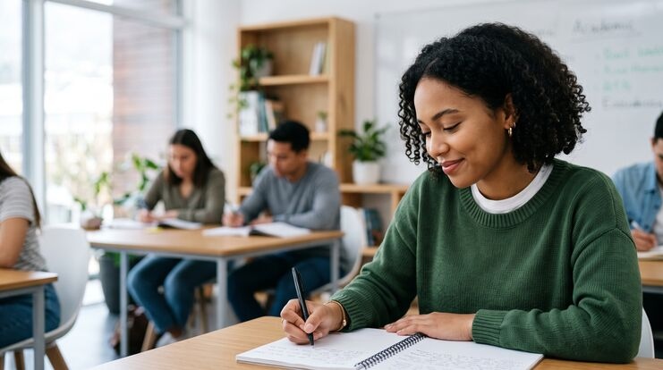 young African American college student girl writing notes in notebook studying at desk