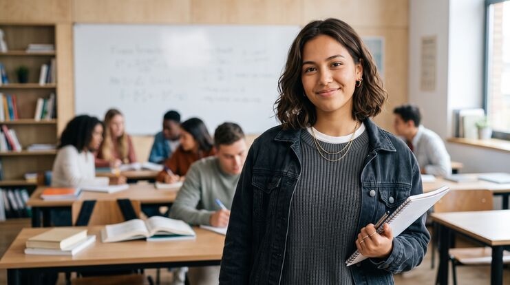 Portrait of confident smiling Latina college student holding notebook