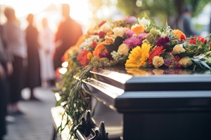 A Funeral Service with Coffin Flowers and Mourners in a Church