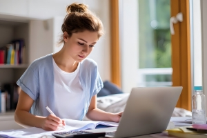 Girl Making Notes While Preparing Mortuary Science Licensing Exam Online