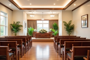 Modern Funeral Home with a Casket and Floral Arrangements Surrounded by Chairs