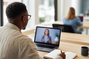 Young Mortuary Science Student Attending Remote Instructions in Modern Classroom
