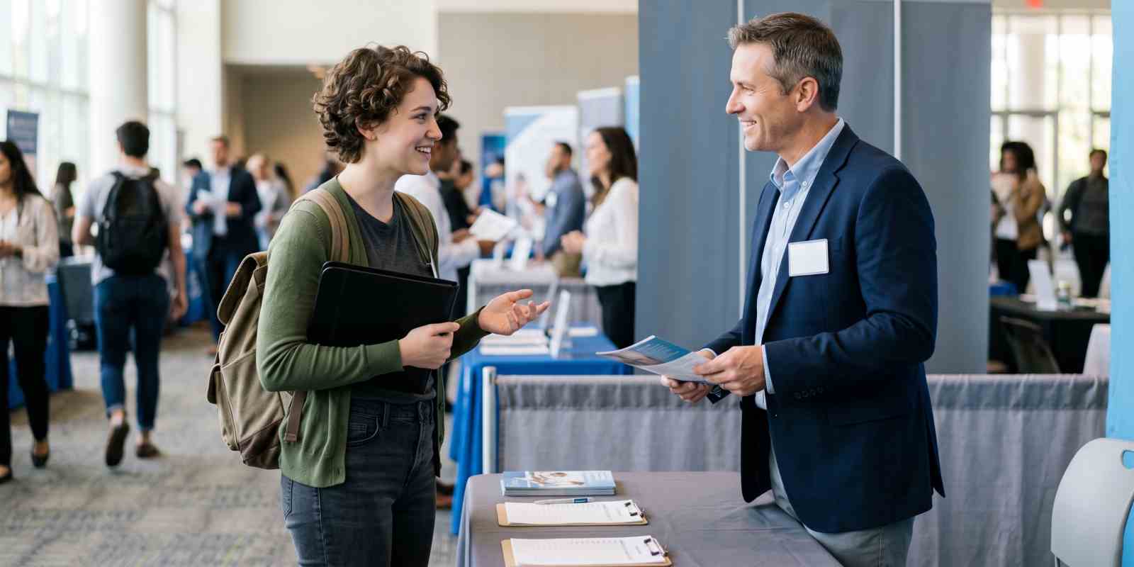 Female Mortuary Science Student with Backpack and Folder Talking to a Professional in an Event