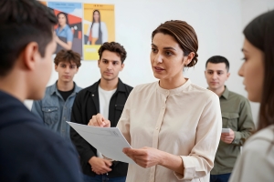 Female Teacher Explaining Career Options to Students After Mortuary Science Degree