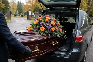 Licensed Funeral Director Carefully Sliding a Wooden Coffin with Colorful Flowers into Hearse