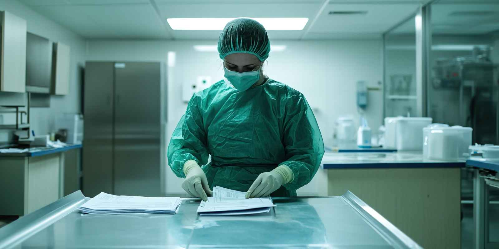 Morgue Worker Wearing Protective Gear to Avoid Infection During Work