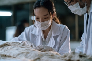 Mortuary Science Student Practicing Embalming Technique in Lab Under Instructor Supervision