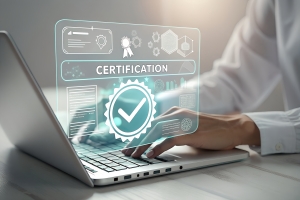Mortuary Science Student Working on Laptop Near Digital Screen Icons with Text Certification