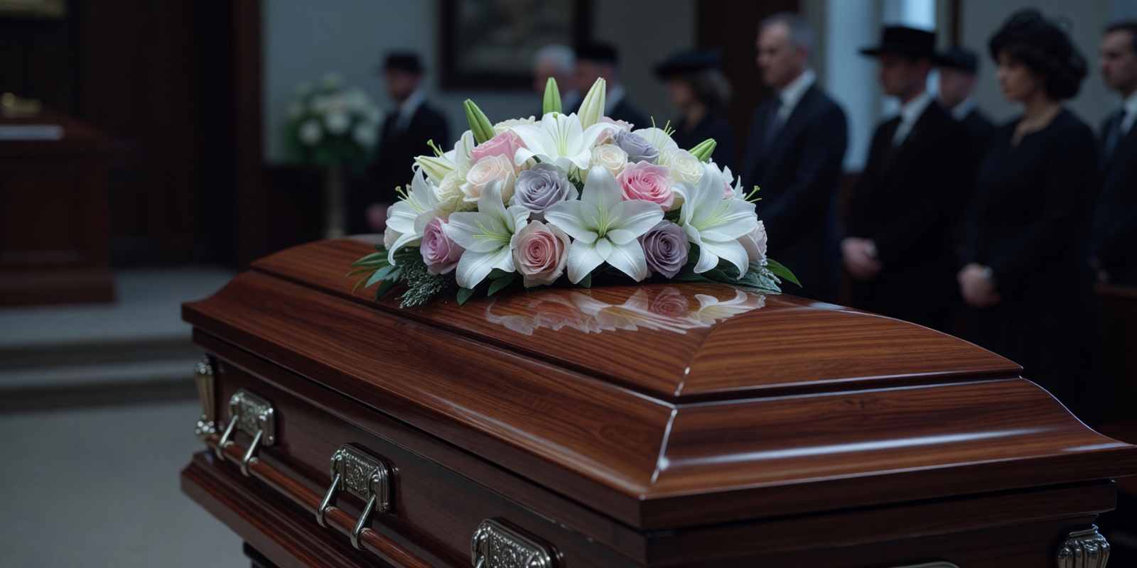 Wooden Casket with Flower Wreath Before Blurred Crowd in Chapel During Funeral Service